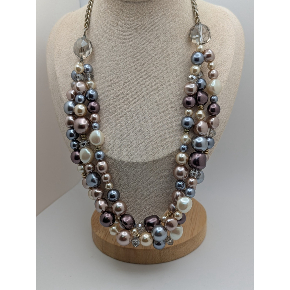 Vintage Faux Pearls Necklace Triple Layer Beaded Crystals Silver Tone Elegant
